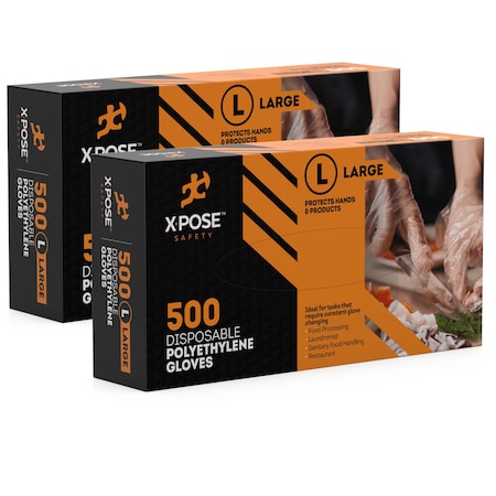 Xpose Safety PG500, Disposable Gloves, Poly, Powder-Free, L, 2 PK, Clear PG500L-2-X-S